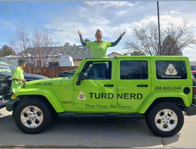 Stephanie, one of the owners, in one of her "Turd Nerd Mobiles"