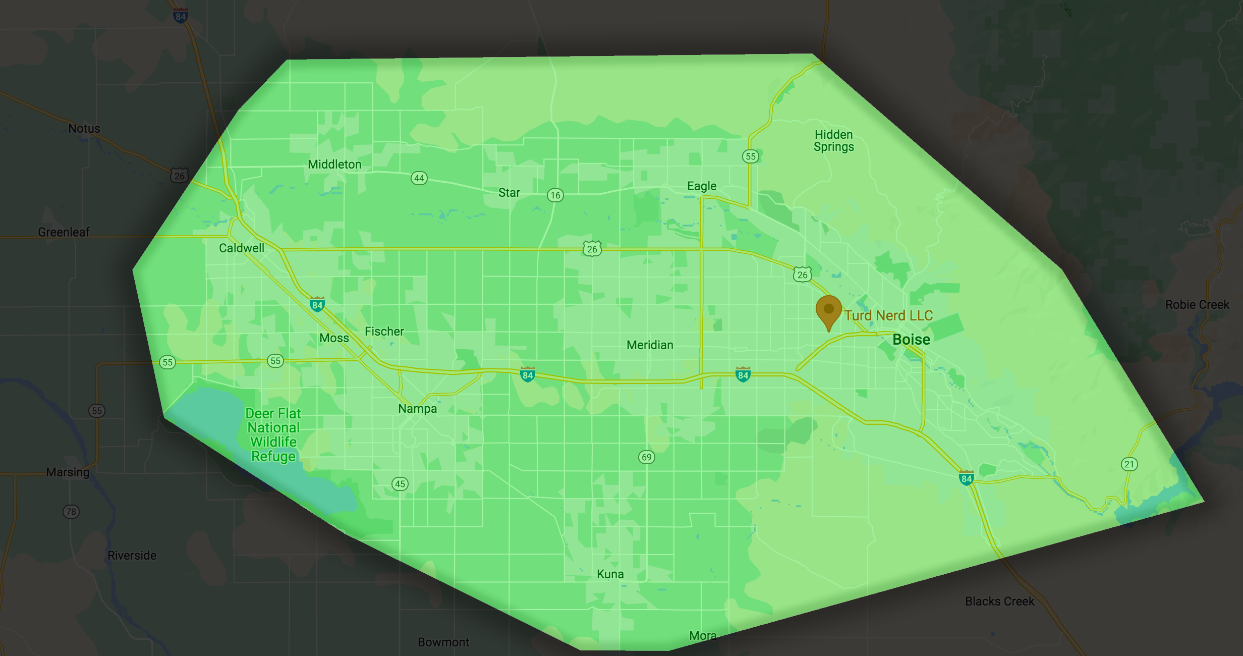 Turd Nerd's Service Area Map showing the Treasure Valley in Idaho, USA